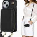 KIHUWEY Crossbody Wallet Case for iPhone 13 iPhone 14, Zipper Pocket Case with Card Holder, PU Leather RFID Blocking Protective Cover Case with Kickstand Detachable Wrist Strap Lanyard 6.1" (Black)
