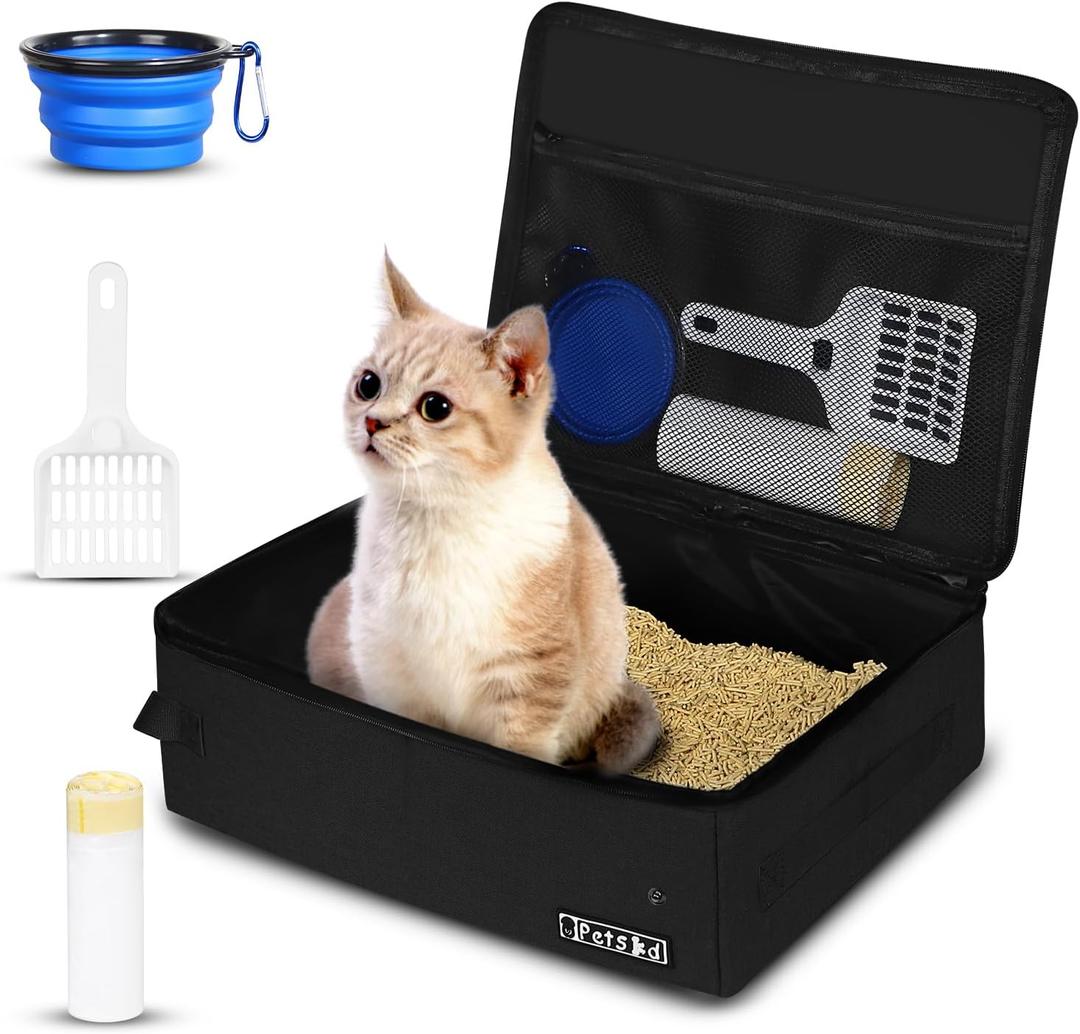 Petskd Portable Cat Travel Litter Box with Lid and 10 pcs Disposable Liner Bags, Leak-Proof and Collapsible, Cat Travel Essentials for Car, Hotel, Airplane and Other Outdoor Use(Black) (Small)