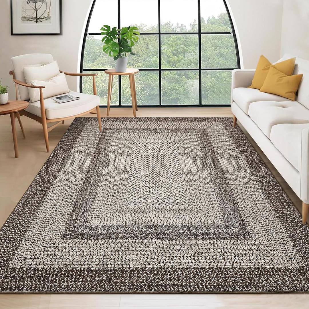 RUGSREAL 8x10 Washable Area Rug for Living Room with Rubber Backing Boho Rug Stain Resistant Large Bedroom Throw Carpet Modern Geometric Floor Cover Bohemian Border Rug for Home Decor Office, Mocha