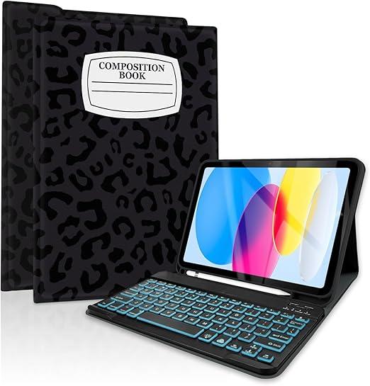 TopPerfekt for Bluetooth Keyboard iPad 10th Gen 10.9 inch (2022) case iPad (A16) 11th/ 10th Gen Case 11'' (2025) with 7-Color Backlights, Pencil Holder, Detachable, Rechargeable-noteLeopard Black