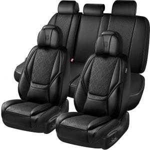 CAR PASS Nappa Leather Car Seat Covers 5 Seat, Luxury Lumbar Support, Waterproof Breathable Durable All Coverage Leatherette Seat Covers for SUVs,Pickups,Trucks,Vehicles (Full Set Solid Black)