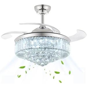 LIGHTIMES Crystal Ceiling Fan with Light 6 Speeds Set Retractable Chandelier Fan LED Dimmable 500-6500k Quiet Polished Chrome Crystal Fans Indoor (Chrome) LIGHTIMES Crystal Ceiling Fan with Light 6 Speeds Set Retractable Chandelier Fan LED Dimmable 500-6500k Quiet Polished Chrome Crystal Fans Indoor (Chrome)