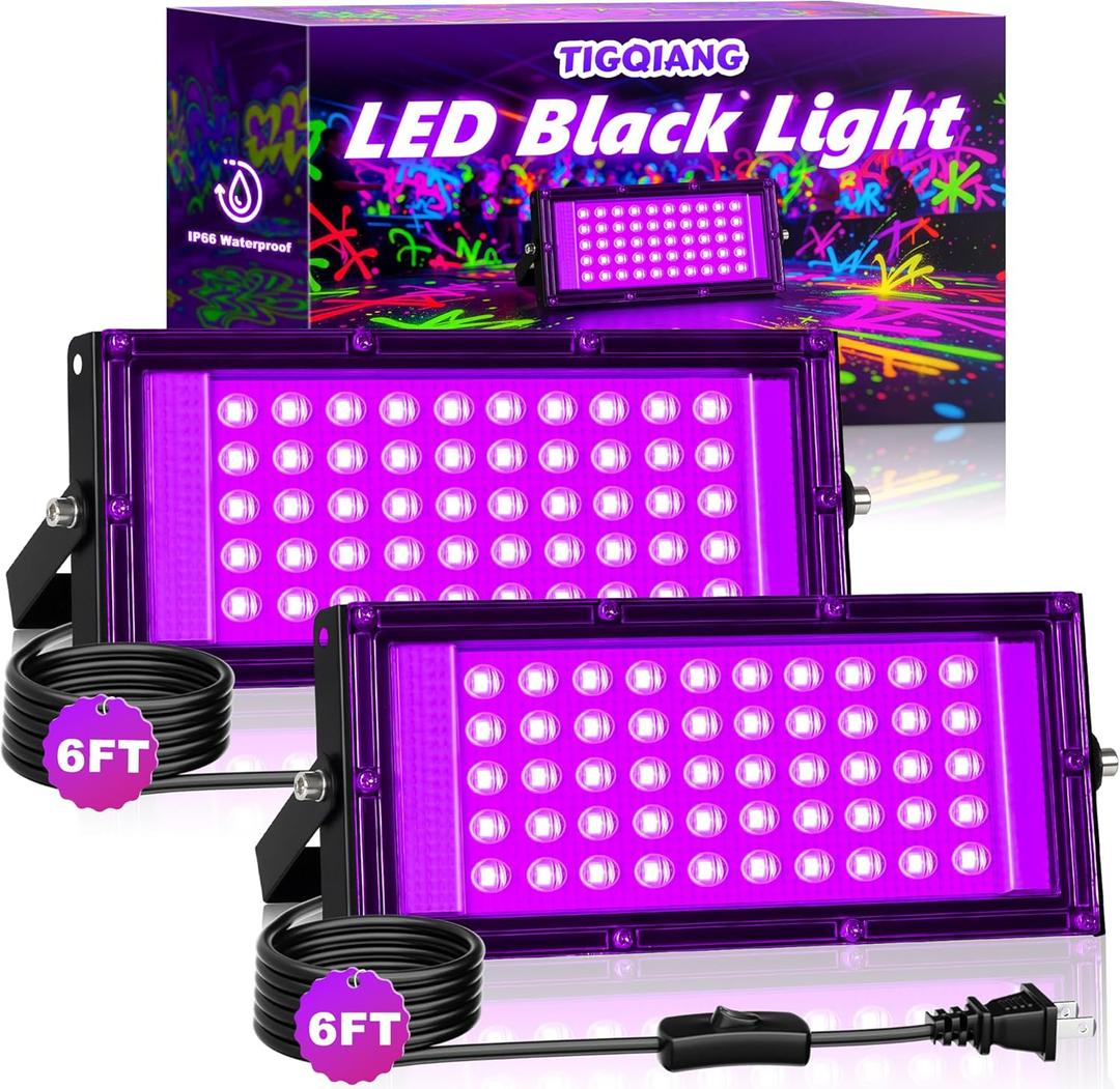 50W LED Black Light IP66 Waterproof,Outdoor Blacklight Flood Light with Plug+Switch+Cord, for Halloween Neon Glow in The Dark Party Body Paint Fluorescent Poster Classroom Club Dance Party, 2 Pack