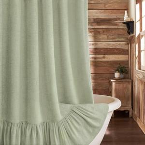 Farmhouse Shower Curtain with Ruffle Hem Linen Flax Green Shower Curtains for Bathroom Country Vintage Rustic Natural Fabric, 72" W x 72" L