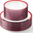 By Madee PREMIUM 100Pc Clear and Red Plastic Plates for Party - 50 Dinner & Dessert Plates with Metallic Trim - Extra-Heavy 30% Thicker for Sturdy, Spill-Free Celebration (50 Guests)
