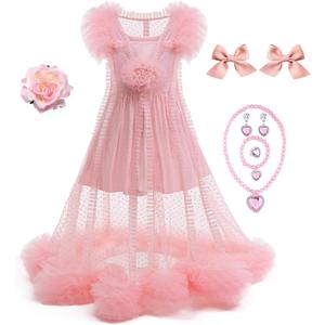 Pink Witch Costume for Girls Pink 2 Piece Pajamas Set Dress, Bouffant Mesh Outfits with Accessories (8-9 Years)