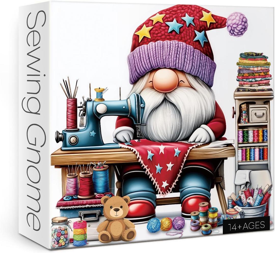Vintage Gnome Puzzles for Adults 1000 Pieces, Pretty Colorful Stitch Yarn Jigsaw Puzzles, Funny Challenging Knitting Sewing Machine Bear Puzzle