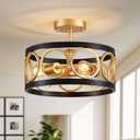XINGQI 13" Modern Semi Flush Mount Ceiling Light Fixture, Black and Gold Drum Chandelier with Metal Shade Farmhouse Round Ceiling Lamp for Living Dining Room Bedroom