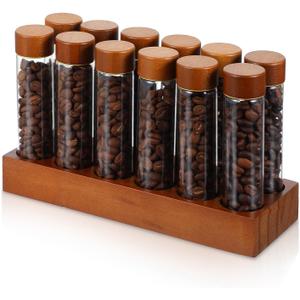 12-Pack Single Dose Coffee Bean Storage Tubes with Pine Wood Stand  Airtight Glass Vials for Fresh Coffee, Tea, and Spices (2 oz, Clear/Brown)
