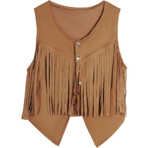 Women Tassel Vest 70s Hippie Sleeveless Faux Suede Rivets Fringe Vest Waistcoat Jacket Cowgirl Outfits (Medium, Brown)
