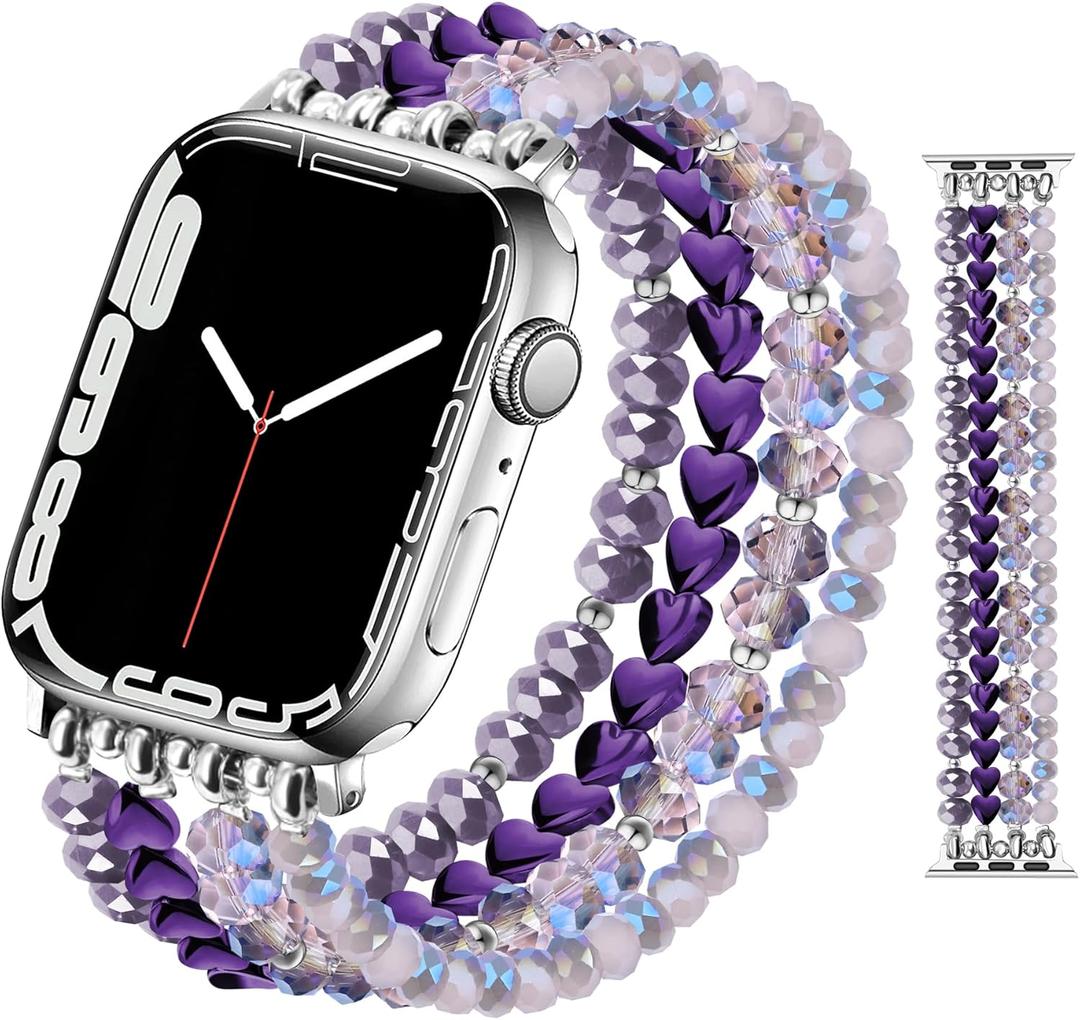 JR.DM Beaded Bracelet Bands for women Compatible with Apple Watch 40mm 38mm 41mm 44mm 42mm(S10/11) Fashion Cute Dressy Stretchy Handmade Strap for iWatch Series 11/10/9/8/7/6/5/4/SE 3/2/1(Purple)