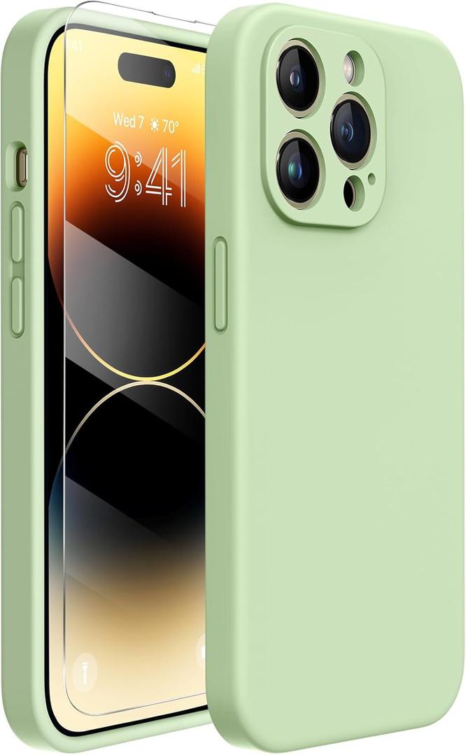 Miracase Designed for iPhone 14 Pro Max Phone Case with Screen Protector,[Upgraded Enhanced Camera Protection],Shockproof Liquid Silicone Case with Microfiber Lining,6.7 inch, Matcha Green