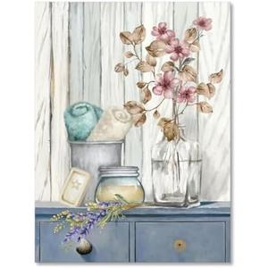 Bathroom Decor Wall Art Farmhouse Flower Pictures Laundry Room Bathroom Wall Decor Pink Poppy Vase Canvas Prints Blue White Painting Framed Artwork