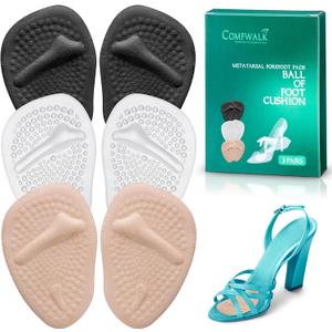 COMFWALK Metatarsal Pads 3 Pairs - Ball of Foot Cushion - Soft Cushion Design - Shock Absorbing - Anti-Slip Strong Adhesive - High Heel Pain Relief - (Multicolor)