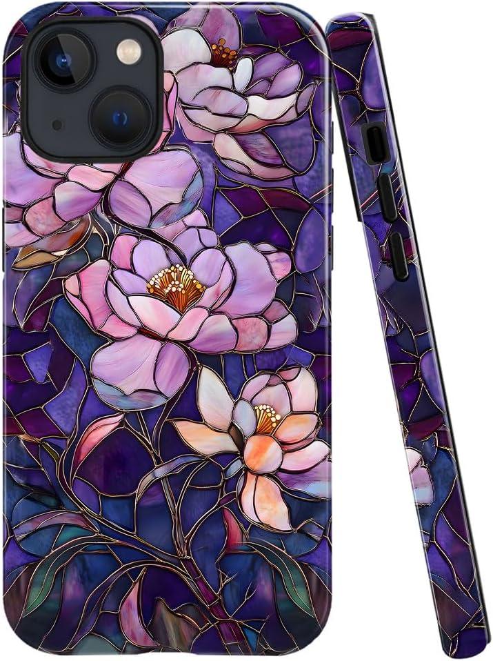 Case for iPhone 14,Fits Glossy Case Design for Girl Women,Stained Glass Flower Floral Purple