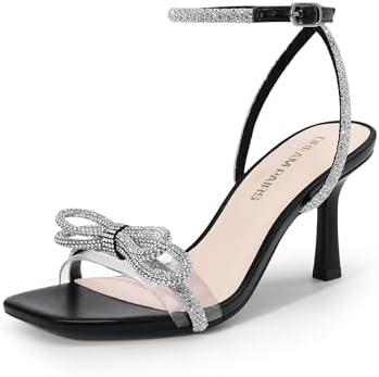 DREAM PAIRS Women's Double Bowknots Heels Open Square Toe Ankle Strap Crystal Rhinestone Dress Sandals for Party Wedding, Size 8