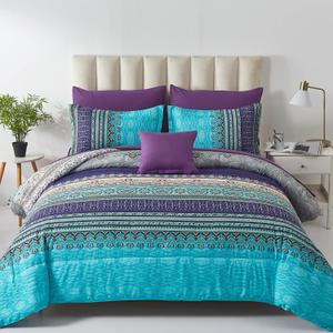 Boho Comforter Set California King Size 8 Piece Bed in a Bag Bohemian Striped Bedding Quilt Set Aqua Paisley Floral Comforter and Sheet Set, Soft Microfiber Complete Bedding Sets for All Season