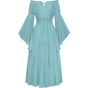 Scarlet Darkness Renaissance Costume Women Off Shoulder Bell Sleeve Tiered Maxi Dress (Small, Light Blue)