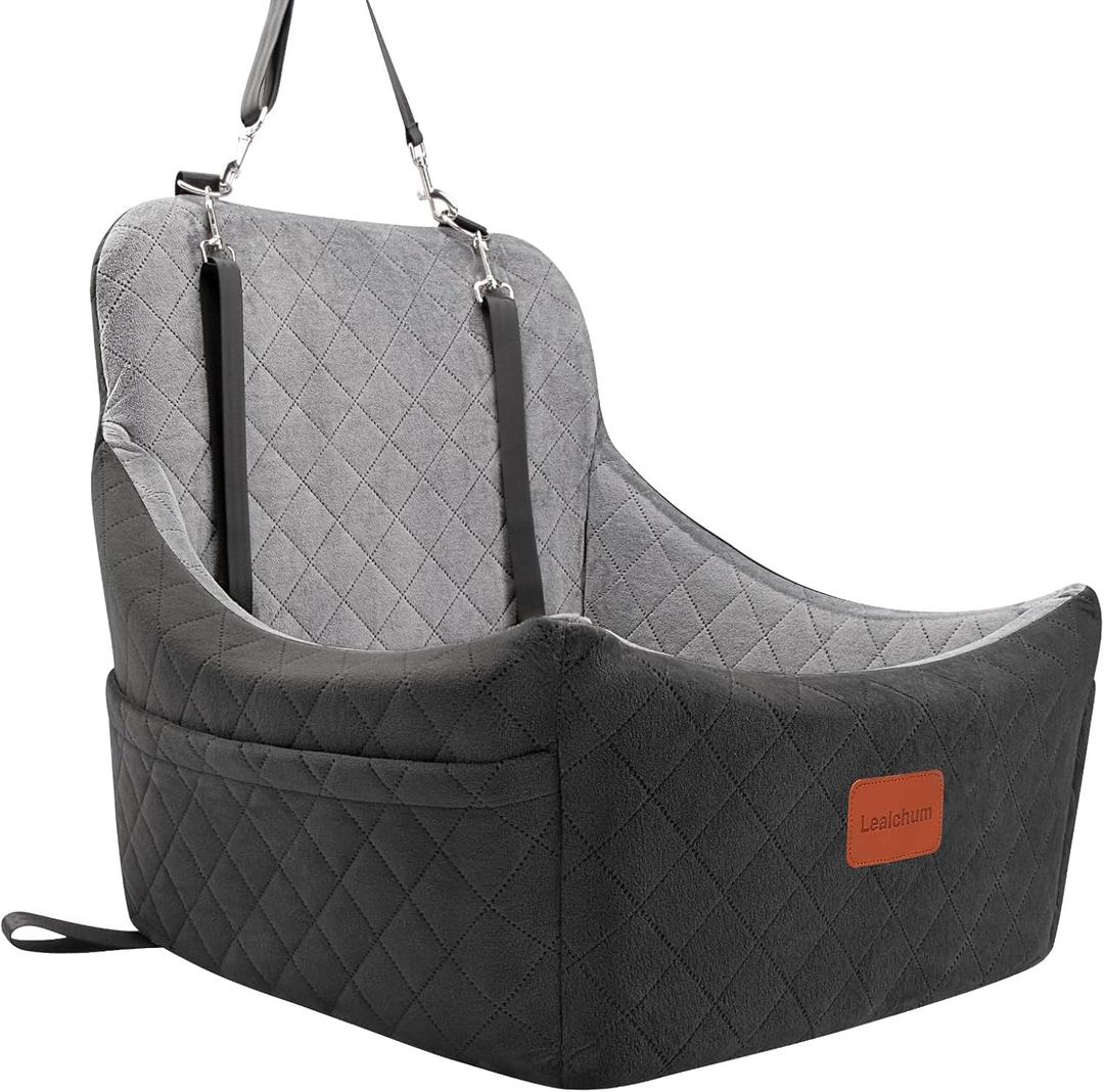 Lealchum Dog Car Seat Up to 55lb,2 Clip-On Safety Adjustable Leashs Car Dog Bed for 2 Small Dogs,Fully Detachable and Washable Pet Car Seat with 2 Storage Pockets,Easy to Install(Black/Grey, Large)
