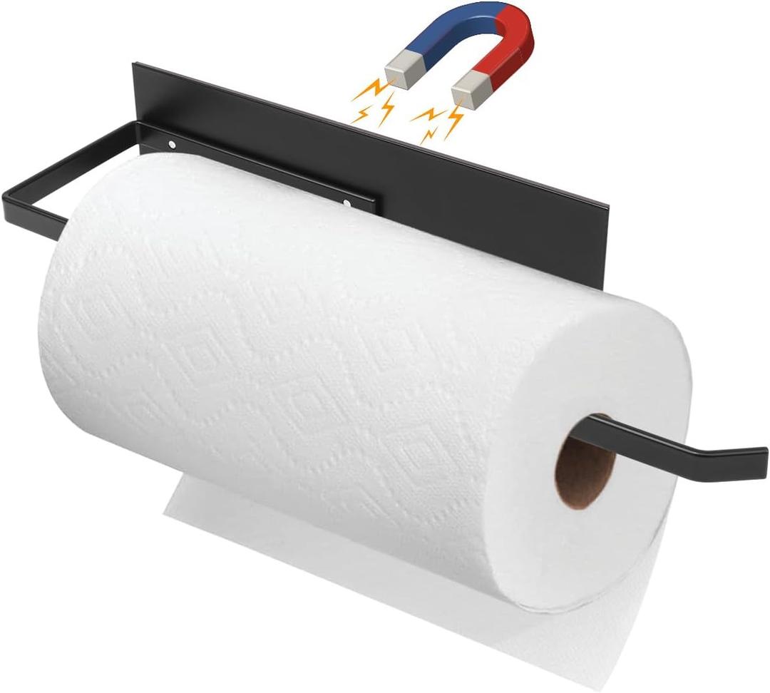 Paper Towel Holder, Magnetic Paper Towel Holder for Fridge, Toilet Paper Roll Holder Magnet Towel Rack Wall Mount Fridge Organizer for Paper Towels Rolls Bathroom Pantry RV Kitchen Storage (Black)