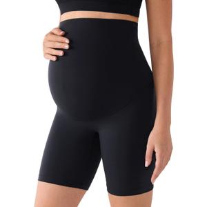 MOMANDA No Front Seam Maternity Biker Yoga Shorts Over The Belly Summer Stretchy Pregnancy Active Short Pants Workout 6" (Black, L)