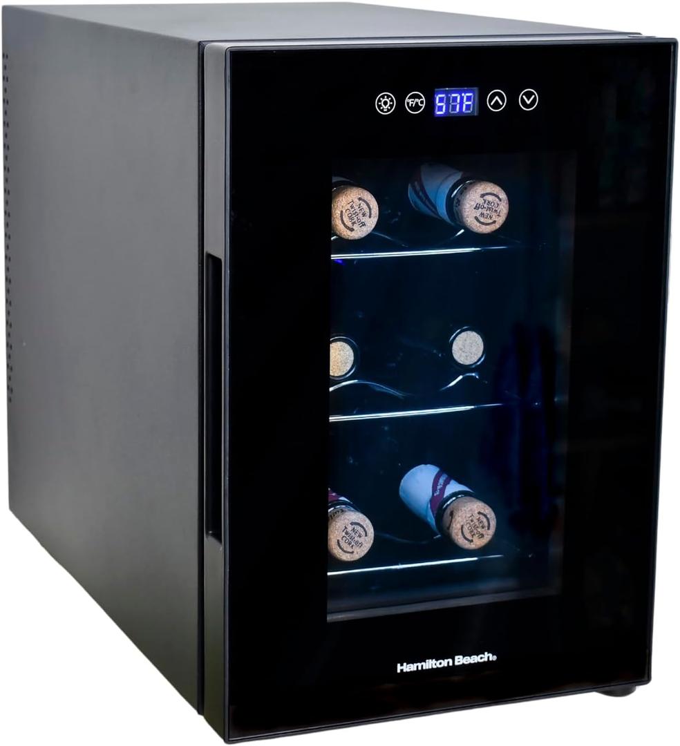 Hamilton Beach 6 Bottle Wine Fridge for Red, White, Sparkling, or Champagne Beverages, Digital Display, Table or Countertop Storage, Free Standing, 13L