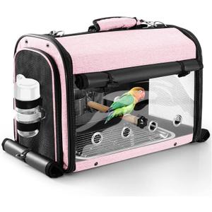 Bird Carrier Bag Bird Travel Cage with Stand, Lightweight Backpack for Parrot, Portable Bird Travel Bag, Pet Transparent Breathable Travel Cage, Pink