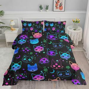 Axolotl Cat Comforter Set Twin, Kawaii Trippy Cat Moon Stars Bedding Set with 1 Comforter 2 Pillowcases for Kids Boys Girls Teens Adults Room Decor All Season, Colorful Neon Trippy Bed Set