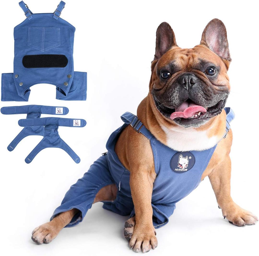 iChoue Cute Dog Diapers Suspenders for French Bulldog Frenchie Pug English Bulldog Female in Heat Cycle Blue - Large Plus with 2pc Diapers