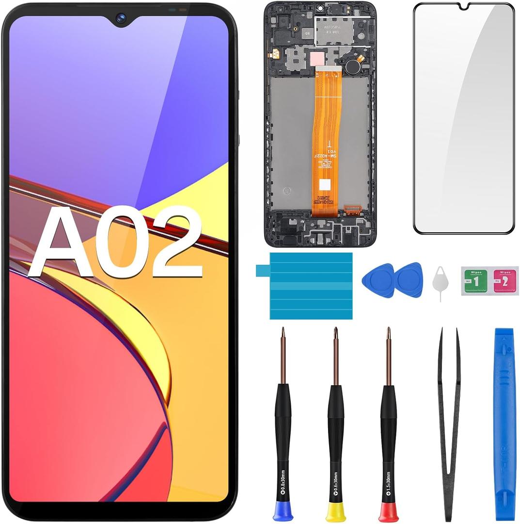 Screen Replacement for Samsung Galaxy A02 LCD Display Touch Digitizer Full Assembly with Frame Side Button Ear Speaker Vibration Motor Glass Repair Tools Kit SM-A022F (A022F A022M)