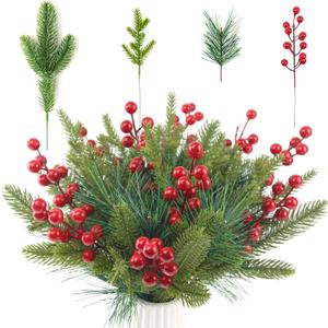 60 Pcs Artificial Christmas Greenery Faux Pine Branches with Red Berry Stems Fake Greenery Pine Picks Christmas Pine Needles for Christmas Tree Wreath Garland DIY Crafts Holiday Home Decoration
