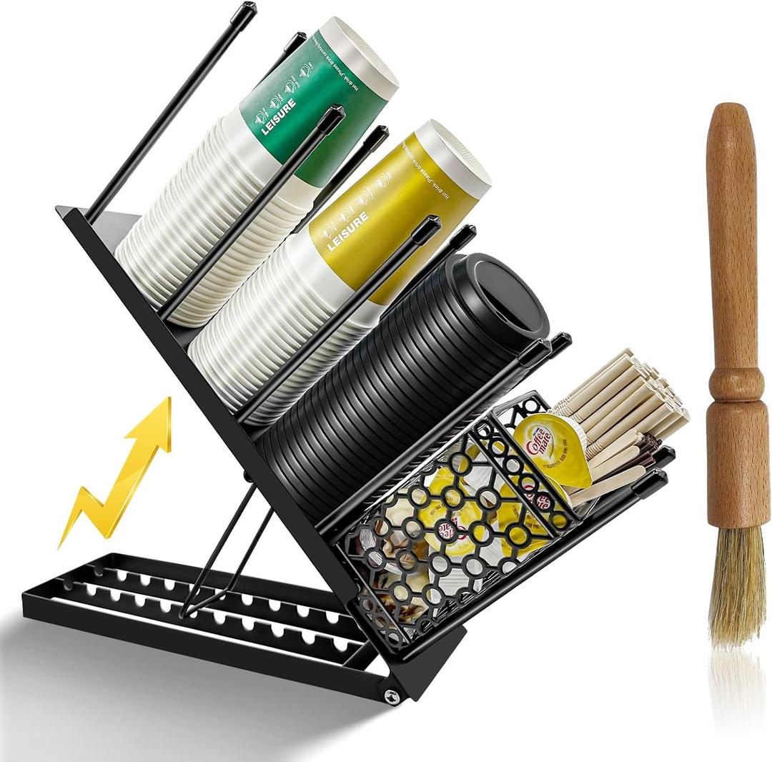 Coffee Cup and Lid Holder with Straw Holder/Coffee Clean Brush, Metal Adjustable Bar Organizer 4 Compartment Cup Dispenser Organizers for Station Home Countertop Bar Breakroom (Black)