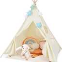 Teepee Tent for Kids, 100% Cotton Play Tent with Carry Bag, Side Pocket, Window, Foldable Toddler Tents for Indoor Outdoor Games, Gift for Boys & Girls