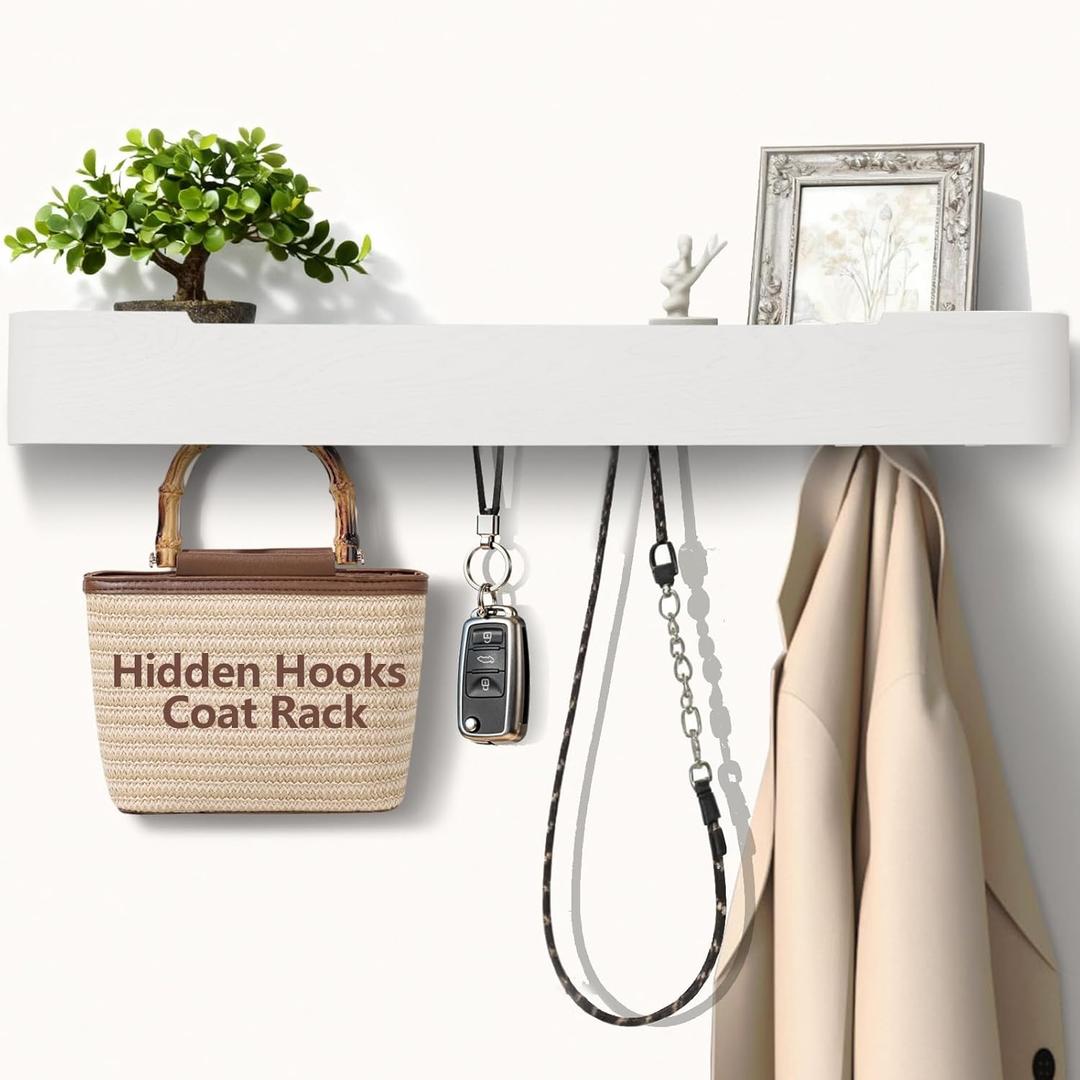 Coat Rack Wall Mount with Hidden Hooks Modern Key Holder Wood Entryway Hook with Shelf for Bedroom Kitchen Hallway Bathroom Designed for Hanging Coats Hats Bags Towels Dog Leashe(White,8 Hooks)