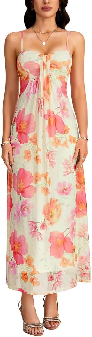 LYANER Women's Floral Ruffle Hem A Line Adjustable Spaghetti Strap Elegant Long Dress (XS)