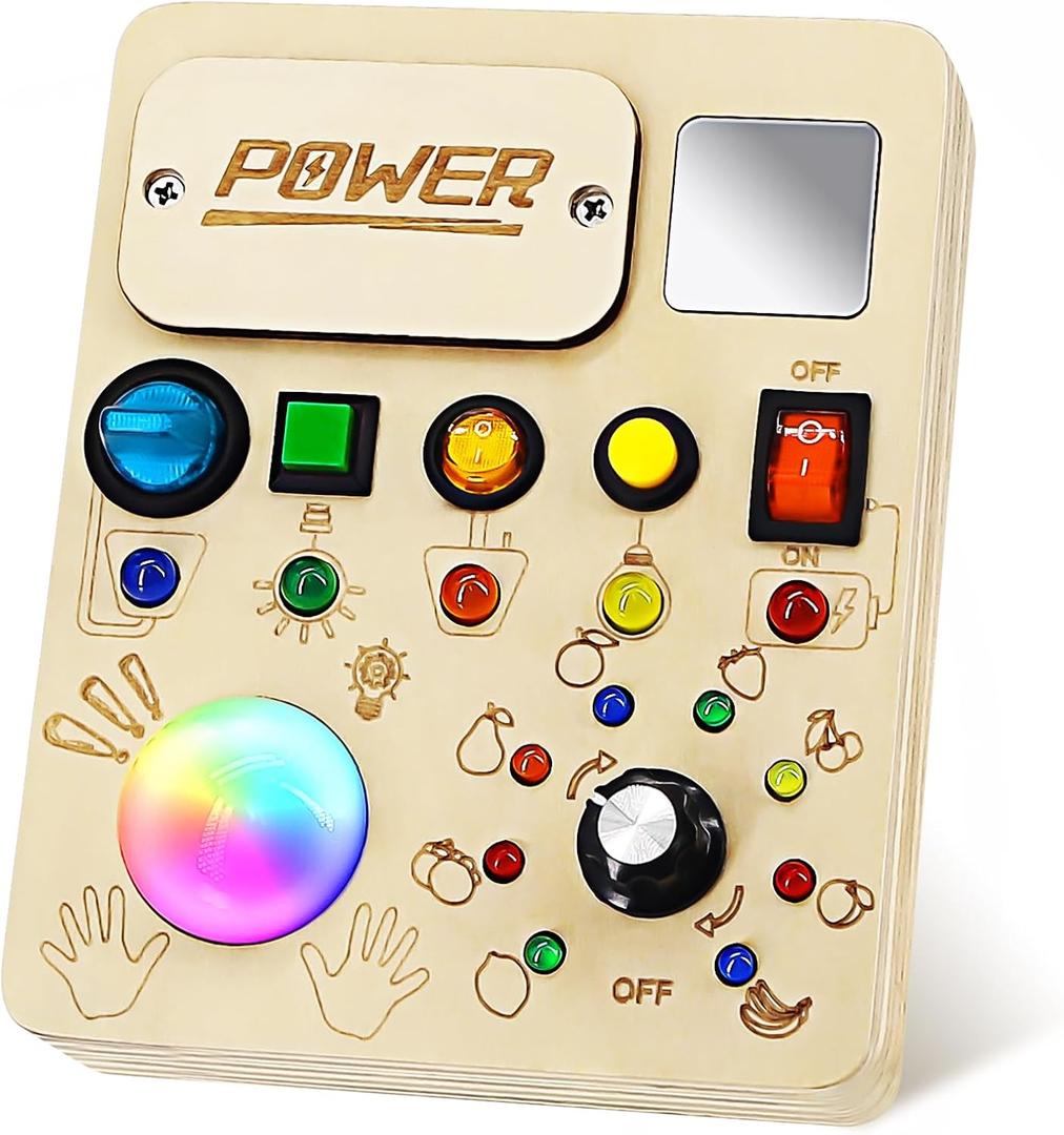 Busy Board Montessori Toy for Toddler, Wooden Sensory Activity Board with LED Light UP Switch, Baby Fidget Board Travel Toys for 18+ Months, 1 2 3 Year Old Boys Girls Toddler Toys Gifts