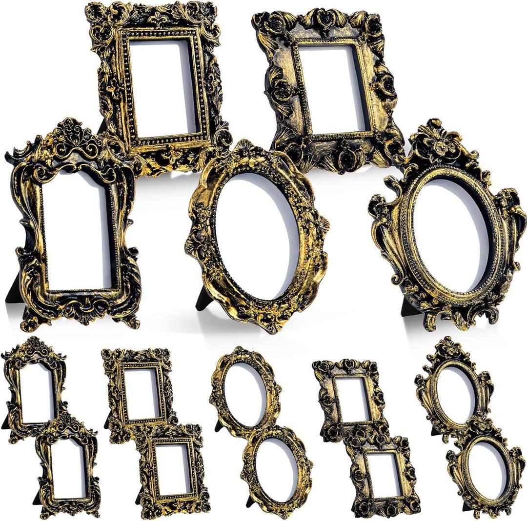 Maitys 15 Pcs Mini Picture Vintage Frames with Stands Tiny Antique Photo Baroque Ornate Resin Oval Frame Table Top Display Home Wedding Decor (Black Gold)
