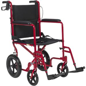 Drive Medical EXP19LTRD Lightweight Expedition Folding Transport Wheelchair with Hand Brakes, Ultra Lightweight Transport Chair for Seniors and Adults, Red