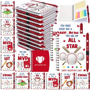40 Pcs Valentines Day Baseball Gifts 20 Spiral Notebooks with Sticky Notes 20 Heart Pens Valentine Notepad Sport Lover Motivational Exchange Gift Bulk for Tween Teacher Student Classroom Team (Classic)