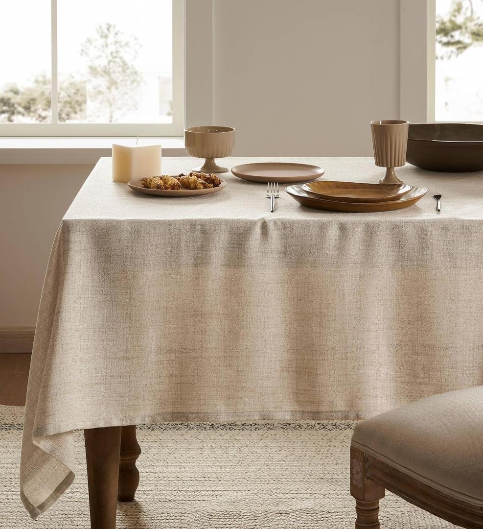 Linen Tablecloth for Rectangle Table, Natural 60x84 Inch (Fit 5ft, Narrow Fit 6ft Rectangle Table) Farmhouse Neutral Tablecloth, Water Resistant Dining Tablecloths