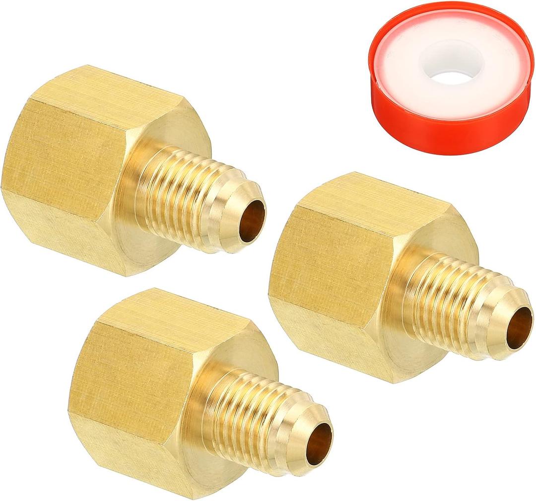 PATIKIL 1/4 SAE Male x 3/8 SAE Female Brass Flare Tube Fitting, 2 Pack Pipe Fitting Reducer Gas Adapter Hex Coupling with Sealing Tape for HVAC Fuel Oil Air Natural Gas Line Connection