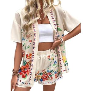 TUREAU Women Boho Tropical Print Beach Cover Up Shorts Set 2 Piece Summer Lounge Outfit Lightweight Swimwear Matching Outfit, WhiteBoho, Large