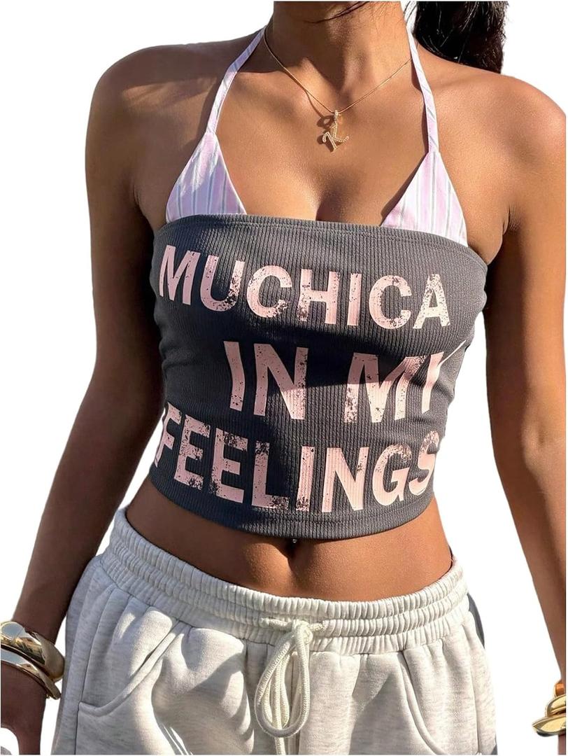 Verdusa Women's Halter Tops Double Layer Tank Top Camisole Summer Y2K Going Out Grey and Pink Small