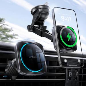 CHGeek for 15W Magsafe Car Mount Charger, iPhone Wireless Car Charger Magnetic Car Phone Holder Mount Fit iPhone 16 15 14 13 Magsafe Case, Vent/Windshield/Dash Phone Mount Holder Fast Cooling Charger (Upgraded Car Mount Charger-Black)