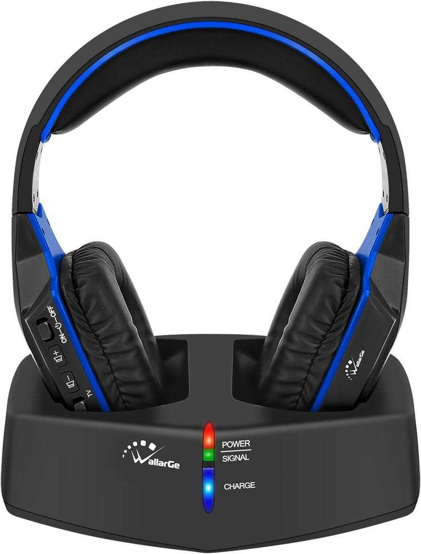 WallarGe Wireless Headphones for TV Watching with RF Transmitter Charging Dock, Plug and Play, 100 Ft Wireless Range, Rechargeable 20 Hour Battery (Black with Blue)