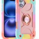 MARKILL Compatible with iPhone 16 Plus Case 6.7 Inch with 360 Degree Rotate Ring Stand, Military Grade Drop Protection Full Body Rugged Protective iPhone 16 Plus Case Kids (Rainbow Pink)