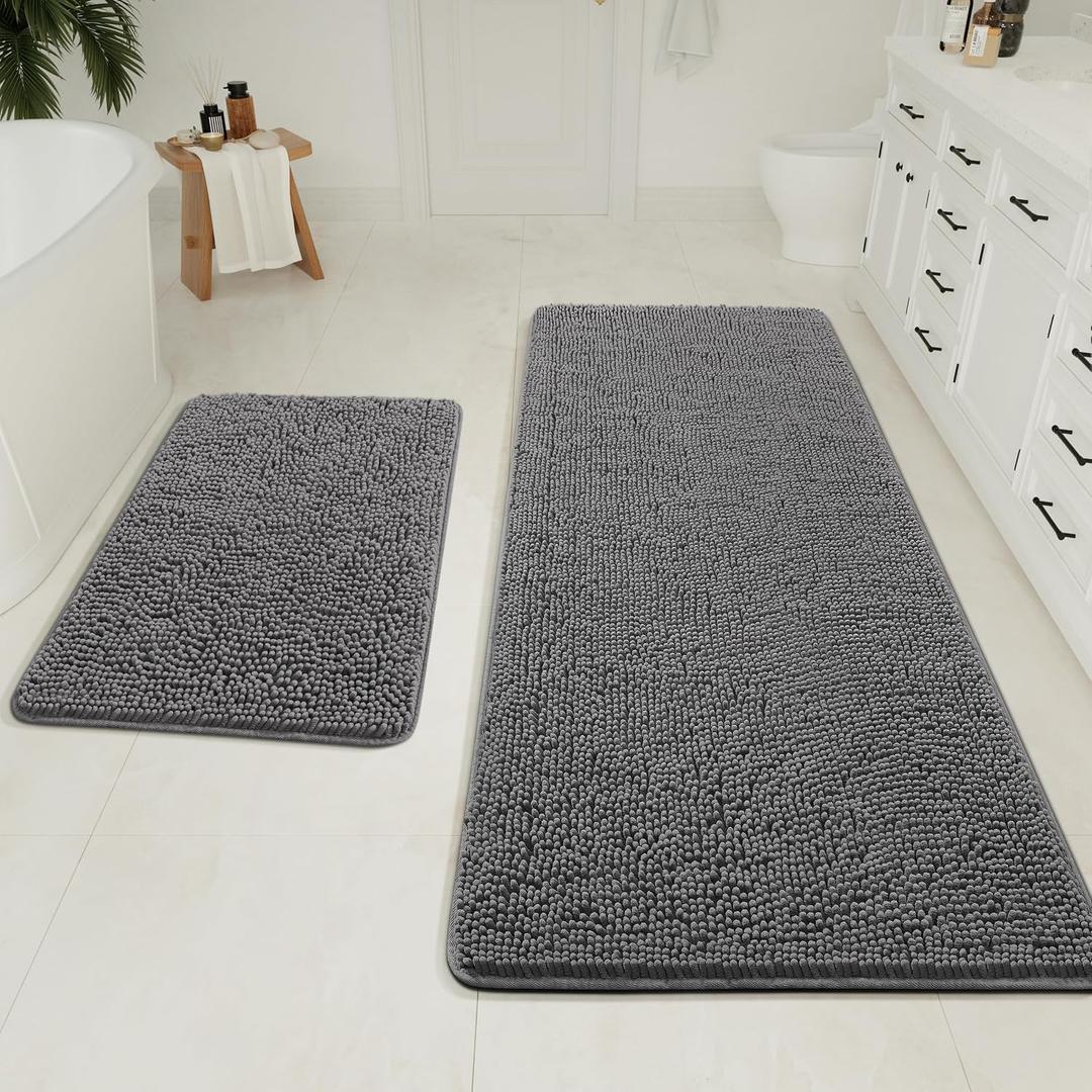 LOCHAS Bathroom Rugs Sets 2 Piece, 20 x 32 Plus 24 x 60 Inches Thick Non Slip Bath Rug Set, Absorbent Soft Chenille Bath Rug, Machine Washable Quick Dry Bath Mat for Bathroom Floor, Grey
