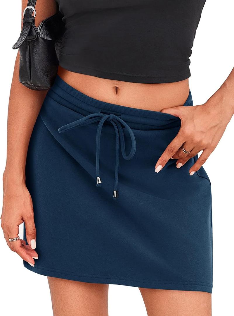 Fisoew Womens Casual Mini Skirt Drawstring Summer High Waist Bodycon Workout Short Pencil Skirt (Blue, L)