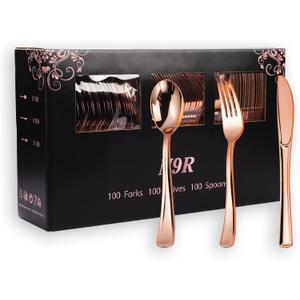 N9R 300PCS Rose Gold Plastic Silverware, Heavy Duty Plastic Cutlery Set, Disposable Rose Gold Utensils Include 100 Forks, 100 Spoons, 100 Knives, Perfect for Party Decorations