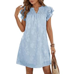 Dokotoo Womens Summer Dresses 2026 Ruffle Short Sleeve Casual V Neck Smocked Floral Burnout Mini Dress Sundress (XX-Large, Sky Blue)